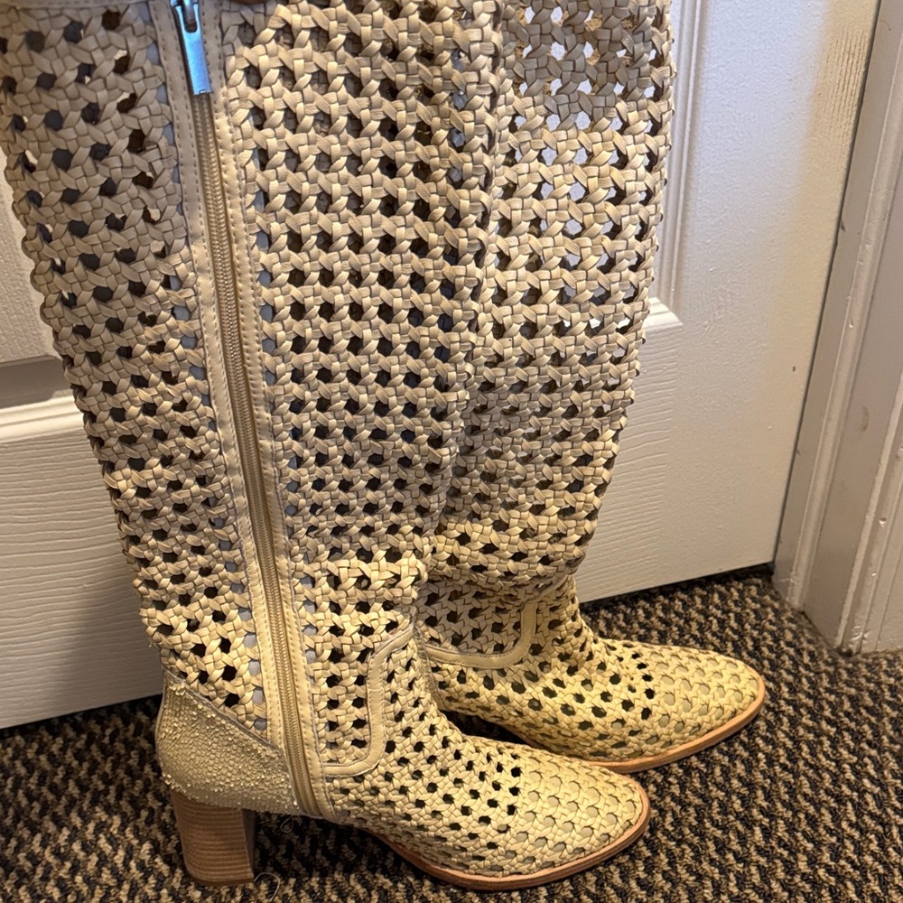 Free People Cream Woven Heeled Boots